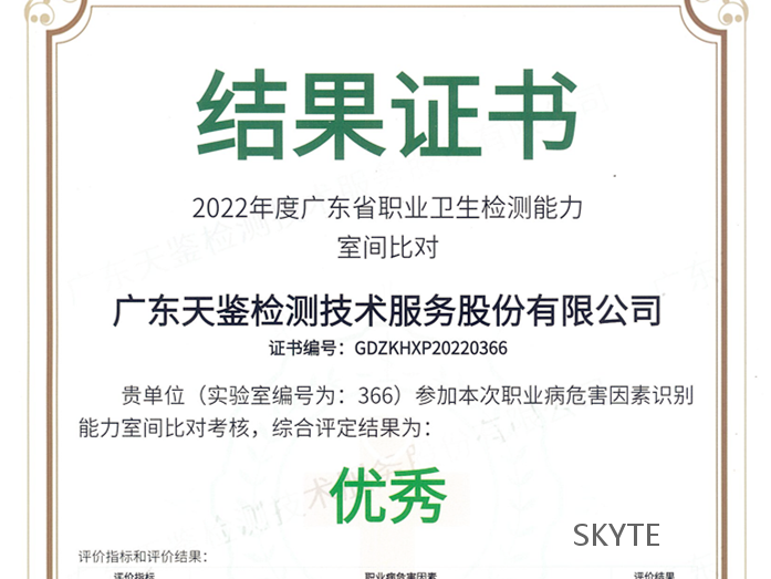 我司參加“廣東省職業(yè)衛(wèi)生技術(shù)質(zhì)量控制中心”組織能力比對(duì)考核，結(jié)果為“優(yōu)秀”